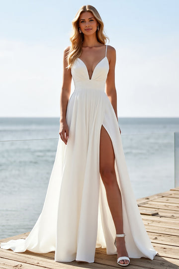 White Chiffon Spaghetti Straps Boho Wedding Dress with Slit